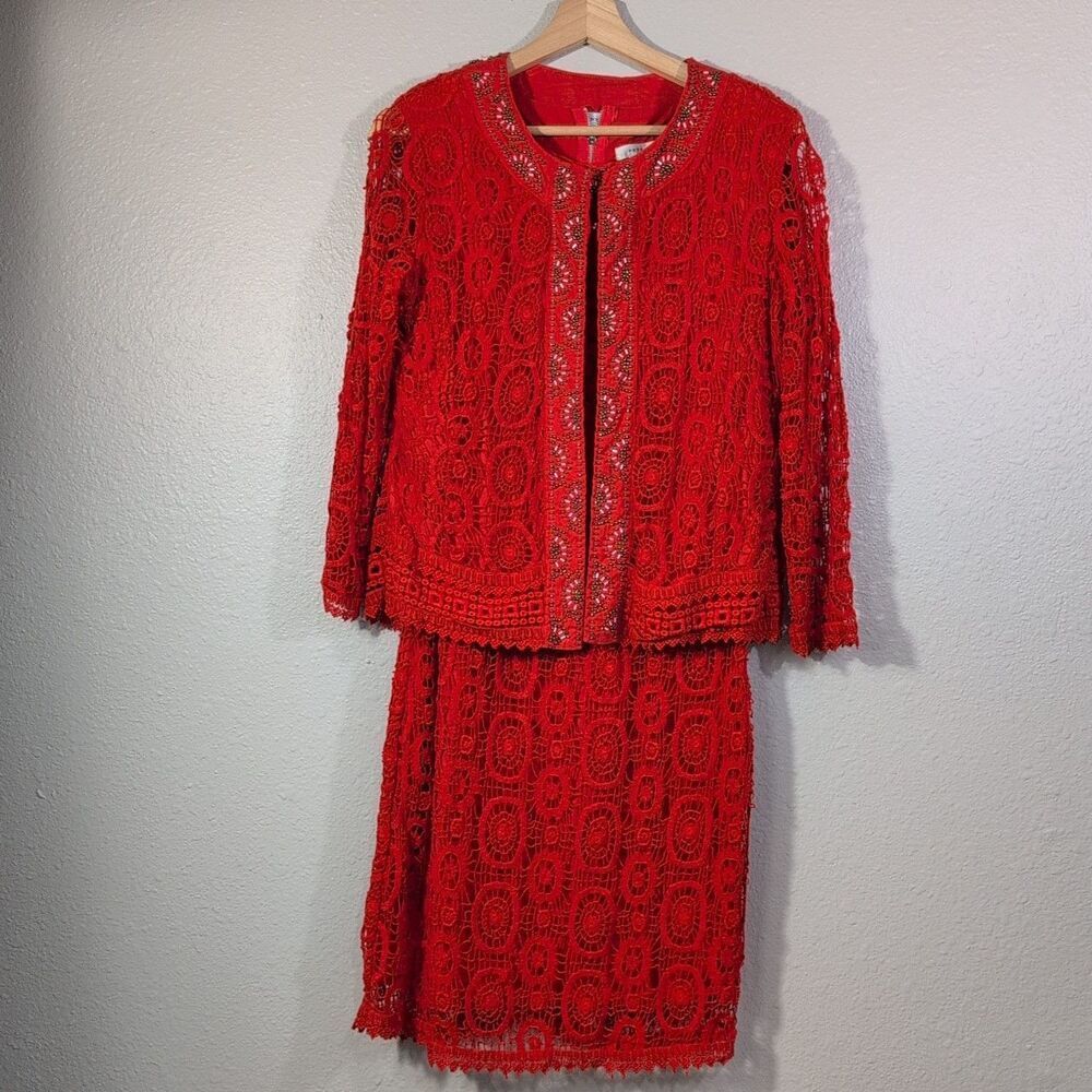 Peter Nygard Crochet Red Dress Zip Up‎ Lined Jacket Blazer Sz 8 Women’s Art 127
